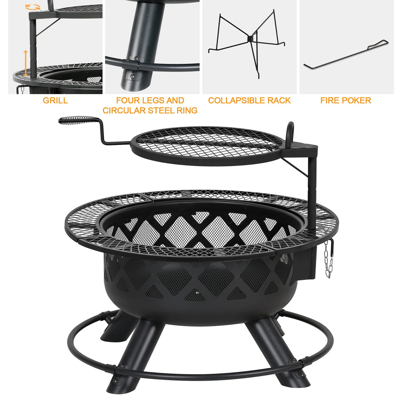 Steel Fire Pit Outdoor Patio Furniture Set BBQ Grill Outdoor Table 3-in-1 3-5 People Flame Safety Device Silver Adjustable