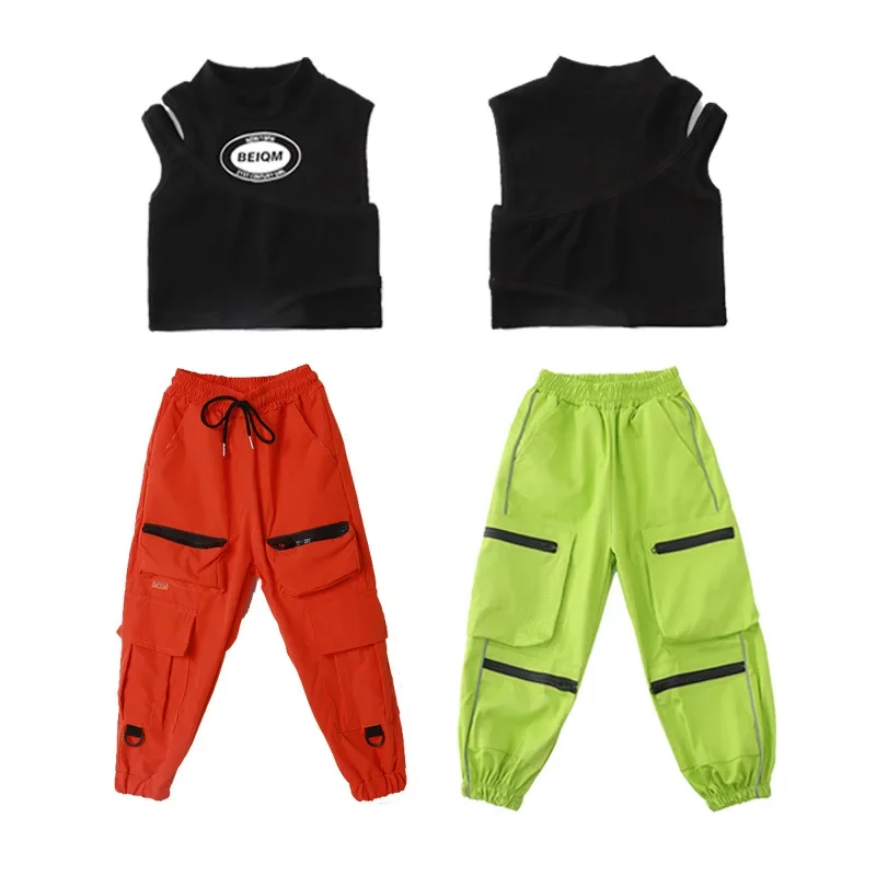 Kid Kpop Hip Hop Clothing Black Tank Crop Top Green Orange Streetwear Tactical Cargo Jogger Pants for Girl Dance Costume Clothes