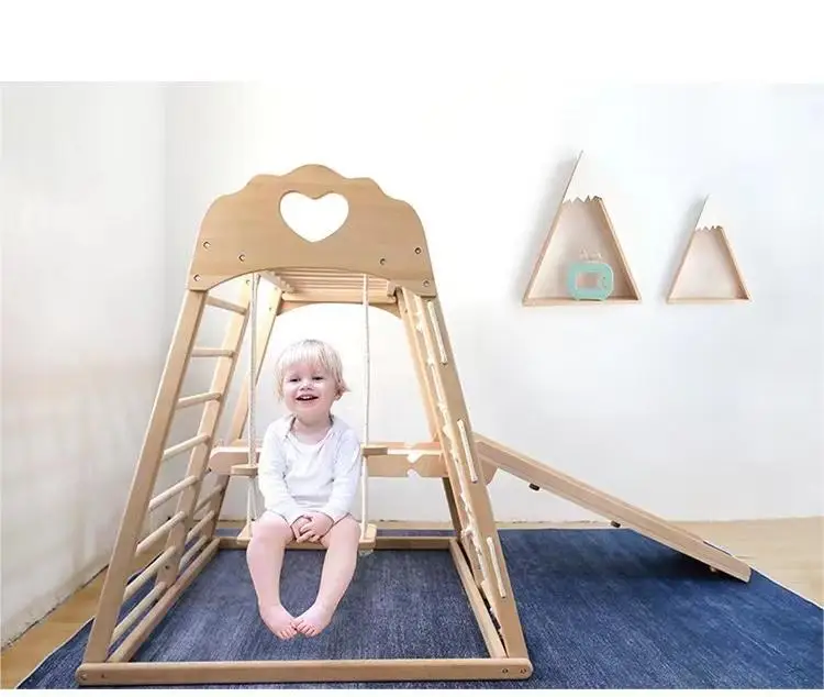 

Indoor Playground Slides Equipment Wooden Rope Climbing Toy Kid Climb Frame Swing And Slide For Kids Gym Ring Play Grounds