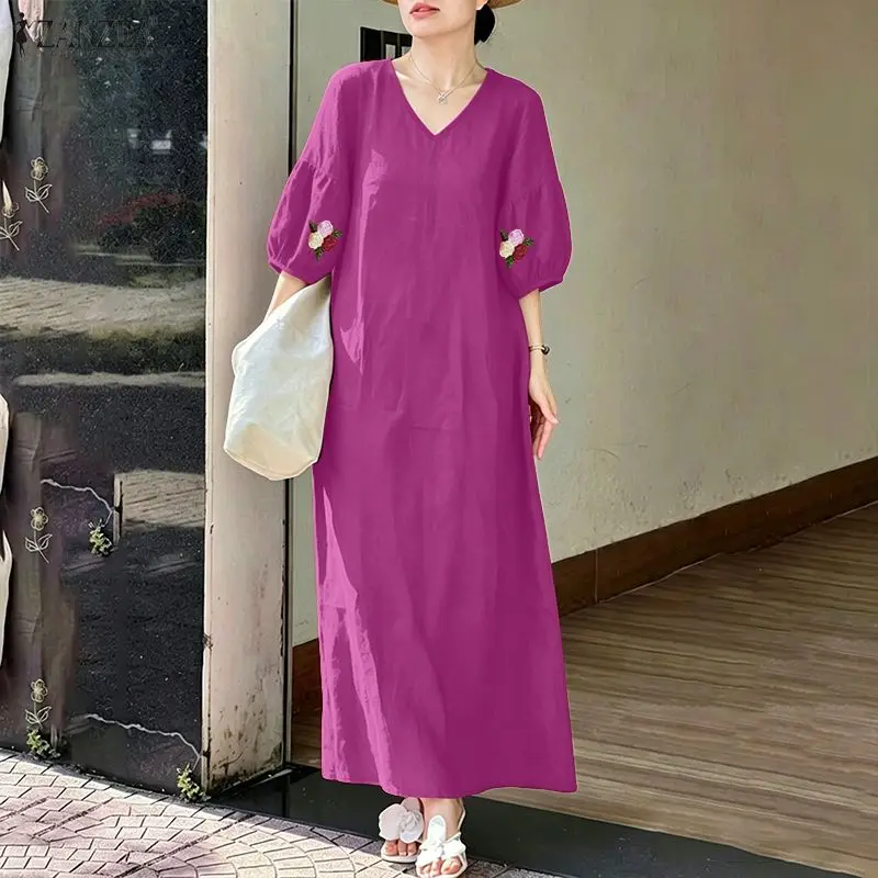Vestido largo informal holgado de talla grande para mujer, cuello en V, mangas 3/4, vestidos florales bordados, ZANZEA, Vestidos de verano 5XL
