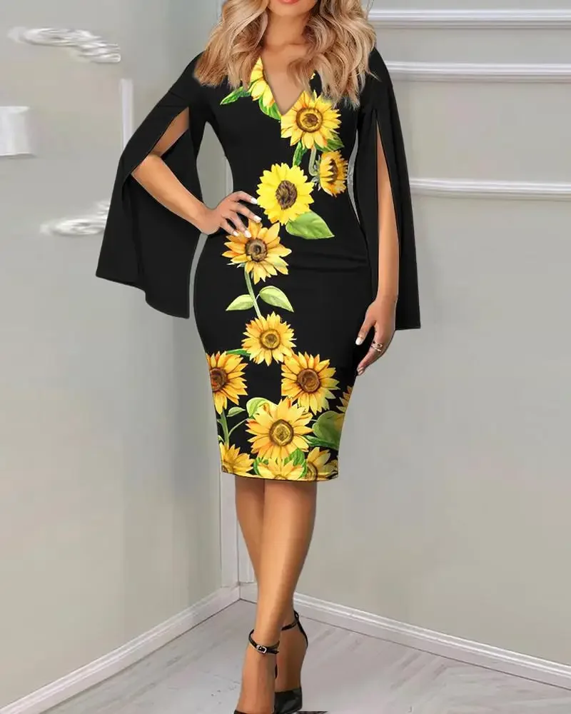 Damenkleid mit V-Ausschnitt, ausgestellten Ärmeln und geometrischem Golddruck, figurbetontes Midikleid, elegantes, schmales Outfit für Teepartys und formelle Anlässe – Detail 4