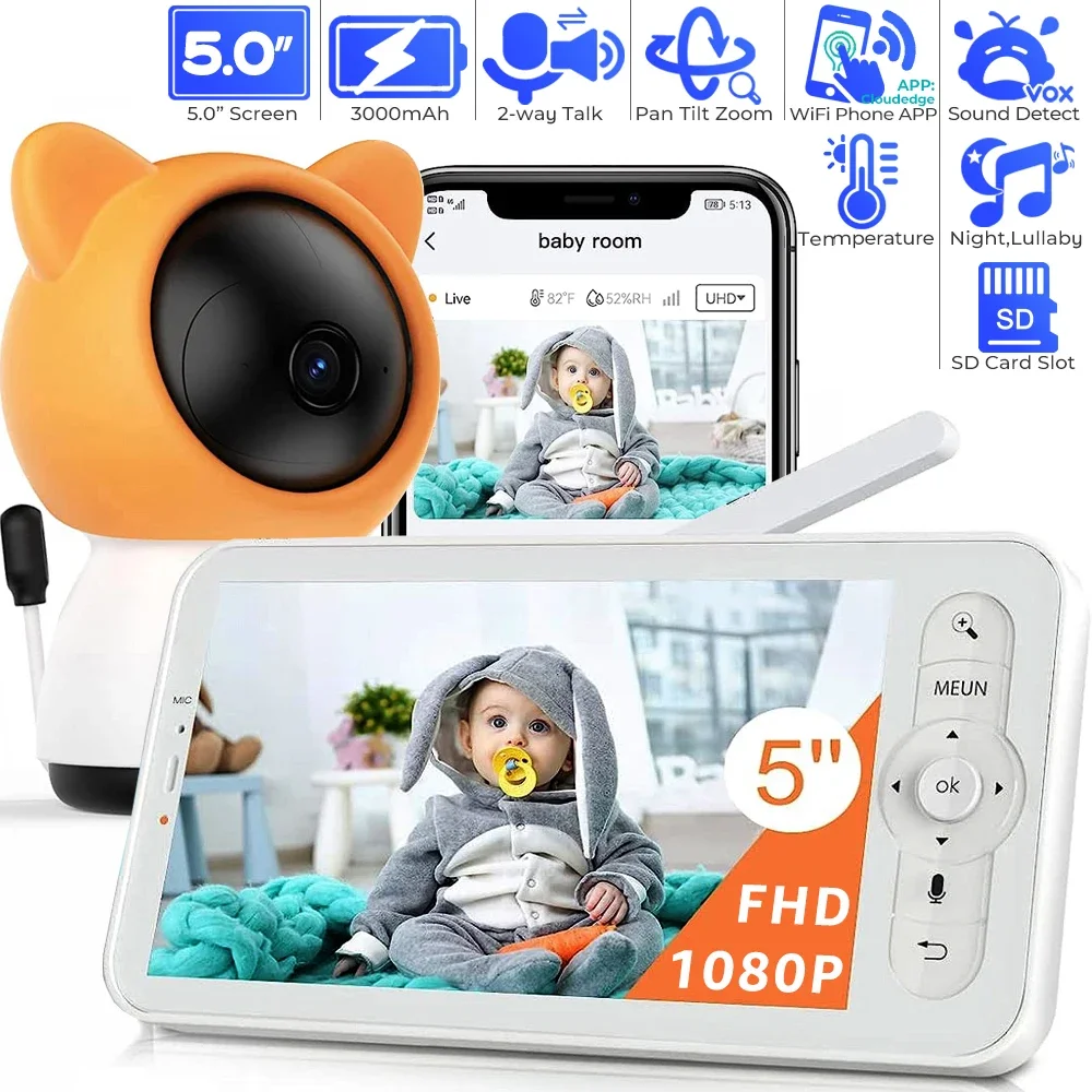 5“ Wifi Baby Monitor with Phone App 1080P Pan-Tilt-Zoom Baby Camera 2-way Talk Night Vision Electronic Baby Phone TF Card Record