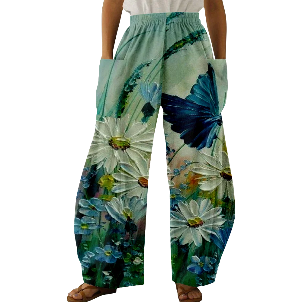 Casual Butterfly & Floral Print Pants Women Sweatpants Trousers Streetwear Joggers Oversized Beach Pants with Pockets Women