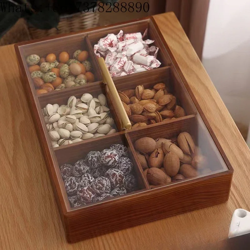 Simple wooden household desktop dried fruit peanut compartment storage box solid wood candy acrylic cover storage wooden box