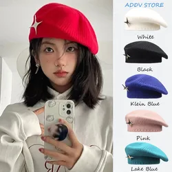 Y2K Super Cool Star Winter Women's Big Head Metal Marker Wool Beret Knitted Painter Hat Design Knit Cloud Hat