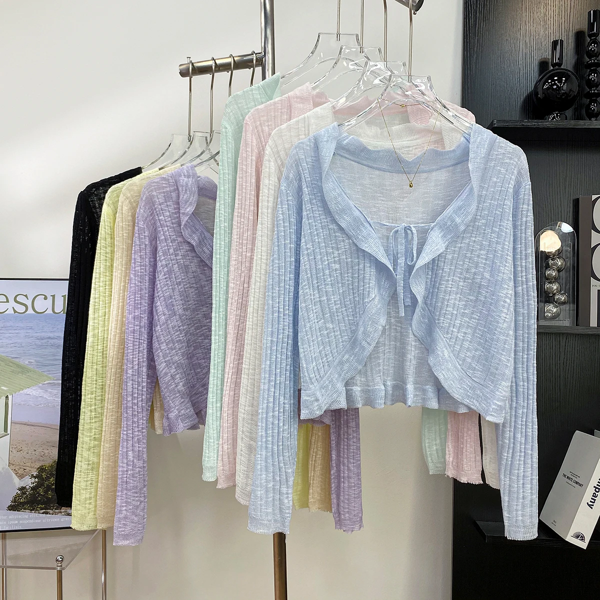 

Summer Women Thin Sunscreen Cardigan Lace-up Knitwear Tops Female Korean Style Ruffled Edge Long Sleeve Short Coat Casual