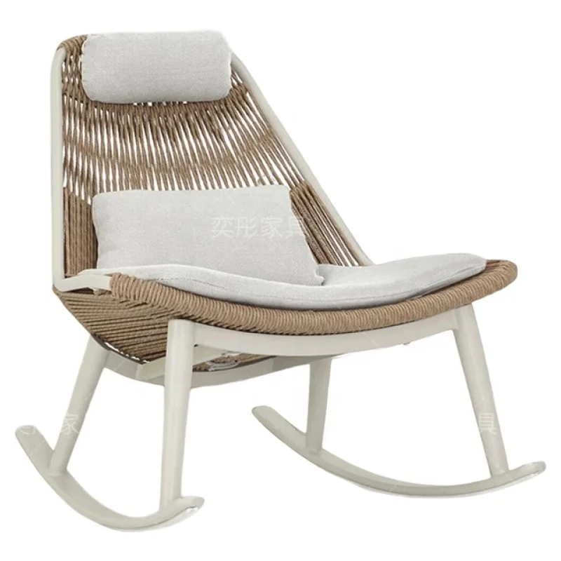 #Modern Nordic Outdoor Woven Rope Sofa Set Light Brown Rope White AluminumLegs White Cushions Oval Coffee Table for Patio Garden