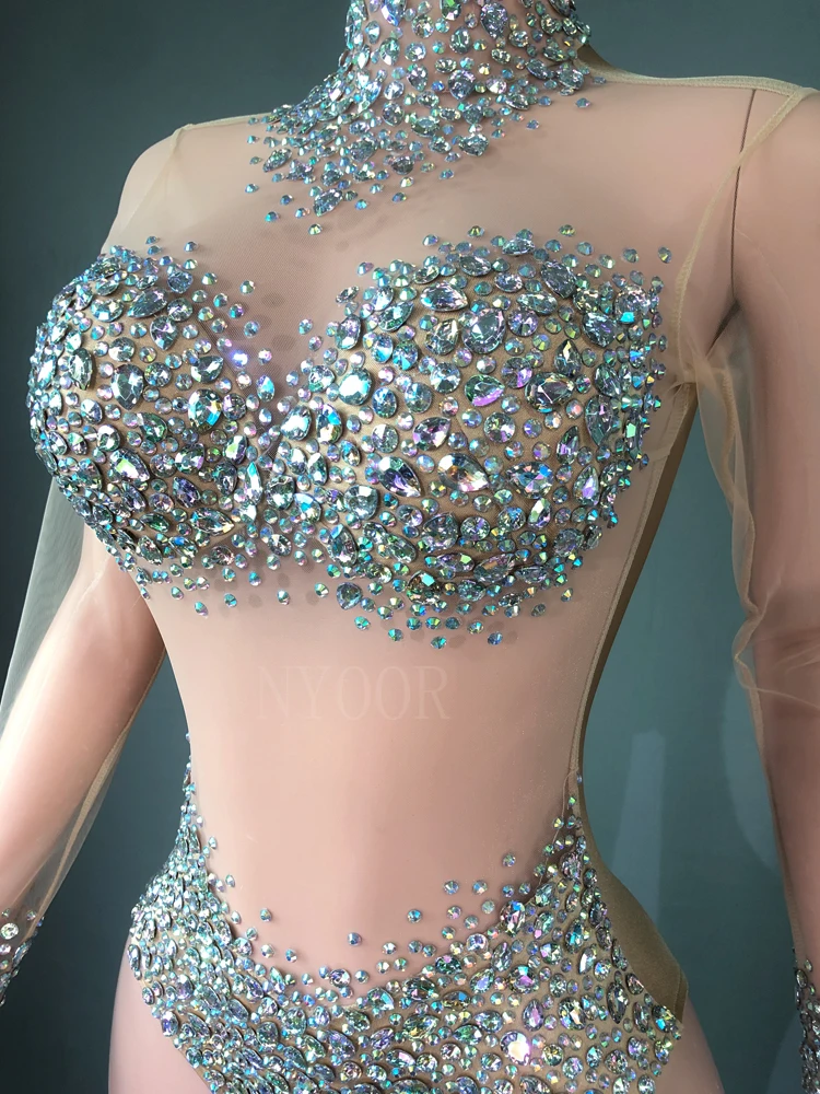 Sparkly AB Rhinestones Bodysuit Sexy Mesh See Through Dance Costume Performance Leotard Women Nightclub Outfit Dancer Stage Wear