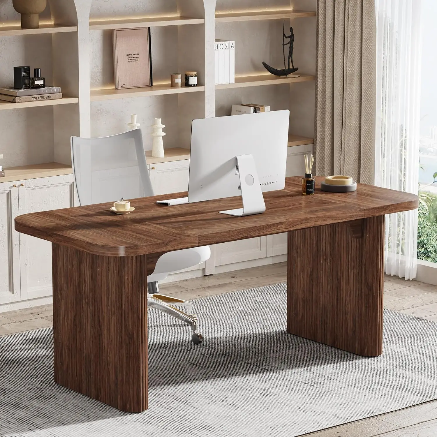 Rectangular Executive Desk Wood Writing Table Double Pedestal Home Office 62-Inch Brown, Customized