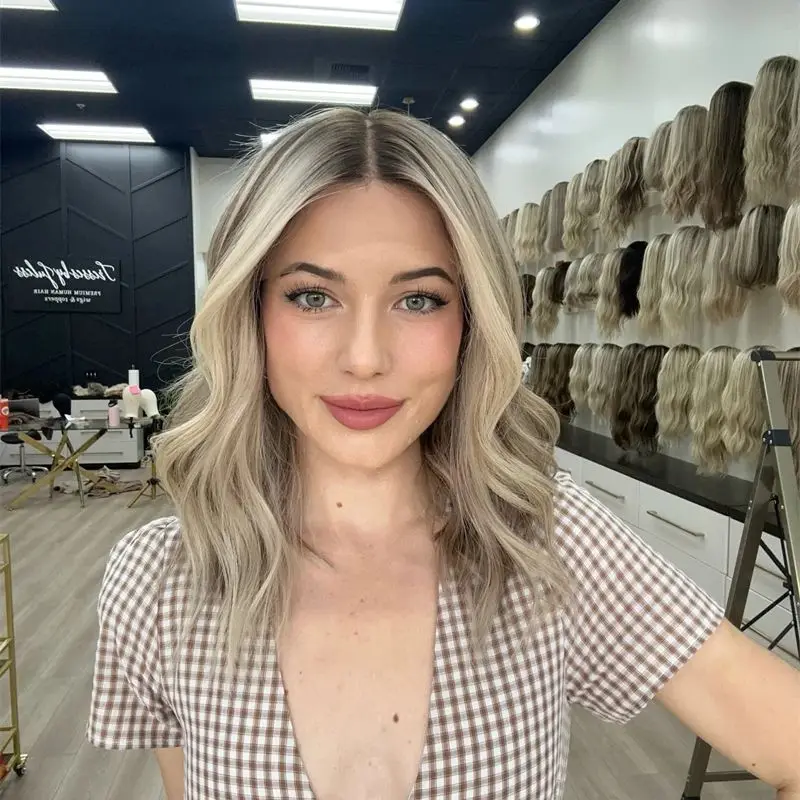 Small/Large Size Cap Short Wave Bob Ombre Ash Blonde Brown Highlights Synthetic Lace Front Wigs with Dark Roots 150% Density Wig