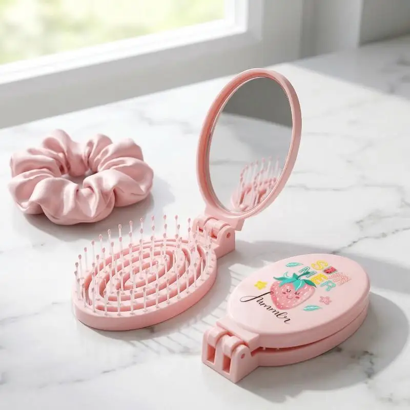 2 In1 Portable Folding Hair Comb With Mirror, Lightweight & Travel-Friendly Perfect Gift For Women & Girls