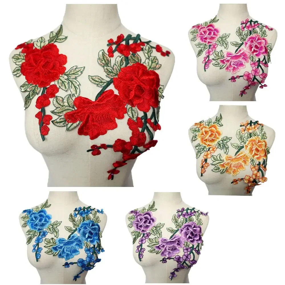 2PCS Peony Flowers Leaves Red Blue Embroidery Fabric Appliques Sew Patches Trimmings For Evening Dress DIY Wedding Decoration