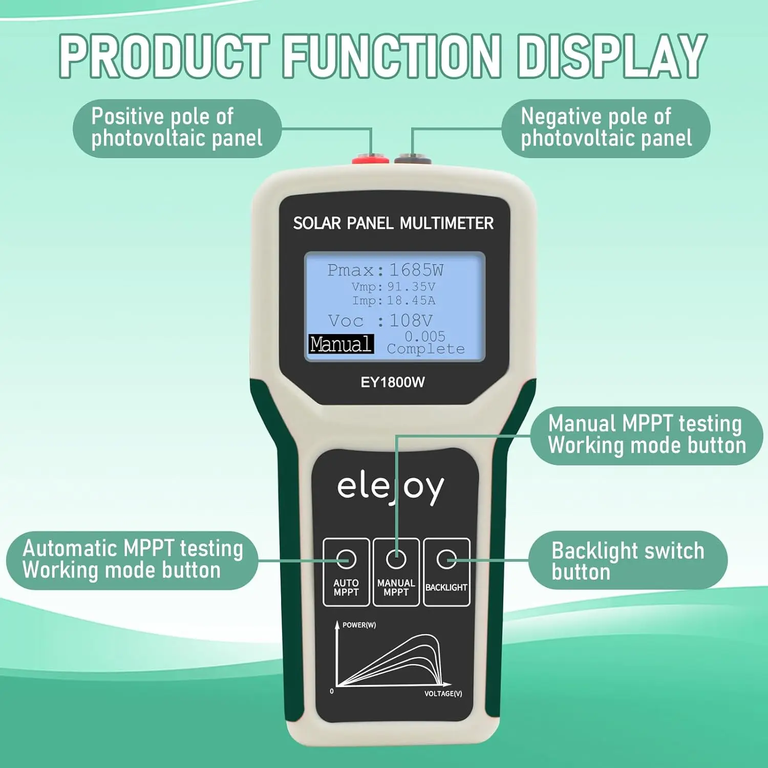 جهاز قياس متعدد الألواح الشمسية |   5 واط ~ 1800 واط، 20-120 فولت، 0-60 أمبير اختبار تلقائي/يدوي |   شاشة LCD ذكية MPPT |   محمول للأنظمة الكهروضوئية