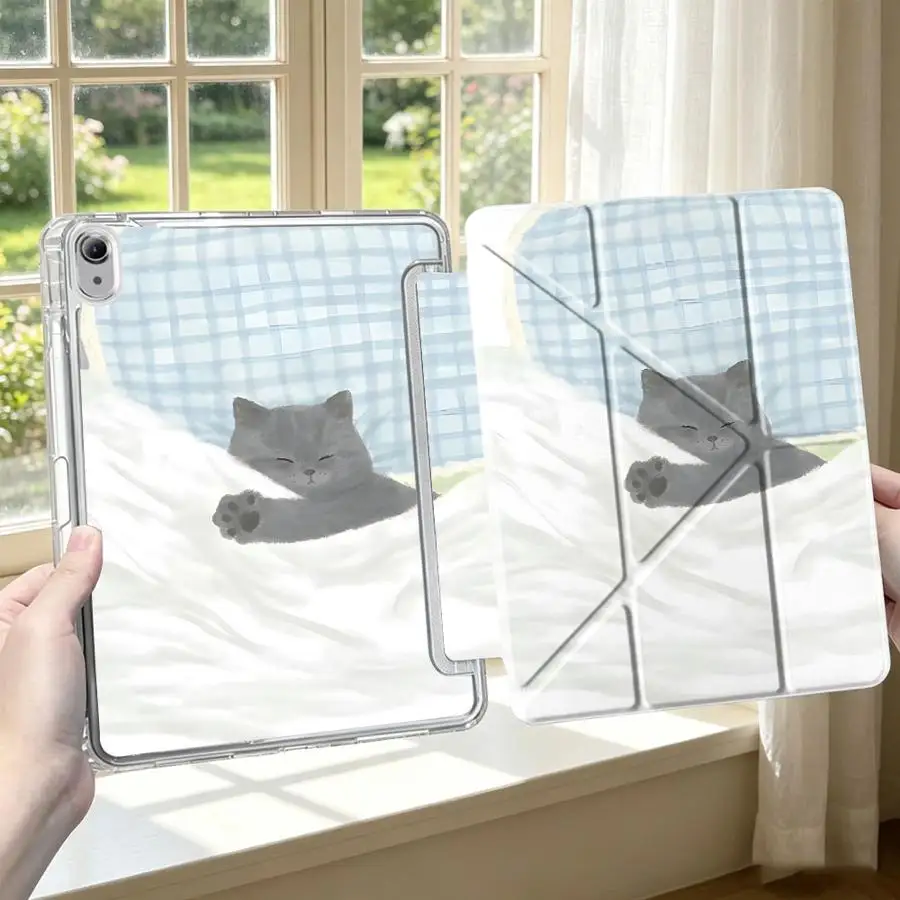 Cartoon Sleeping Cat With Pen Slot Cover Tablet Case For iPad 12th 9th 11th Pro 13 2025 2026 Air 8 M2 M3 3 Mini 7 6 5 10th Gen