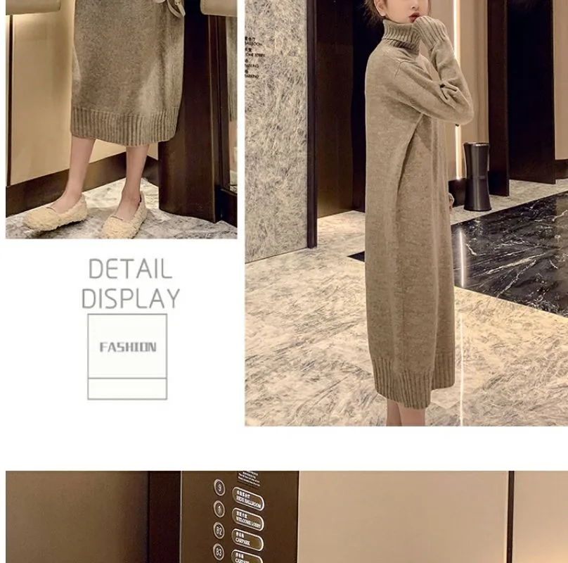 High neck pullover sweater dress for women autumn and winter long version new fashion style base woolen dress