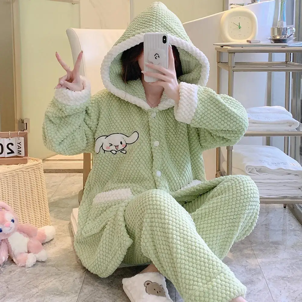 Sanrioed Cinnamoroll Plush Pajamas Set Large Size Hooded Home Clothes for Women Kawaii Anime Winter Thickened Cartoon Sweet Girl