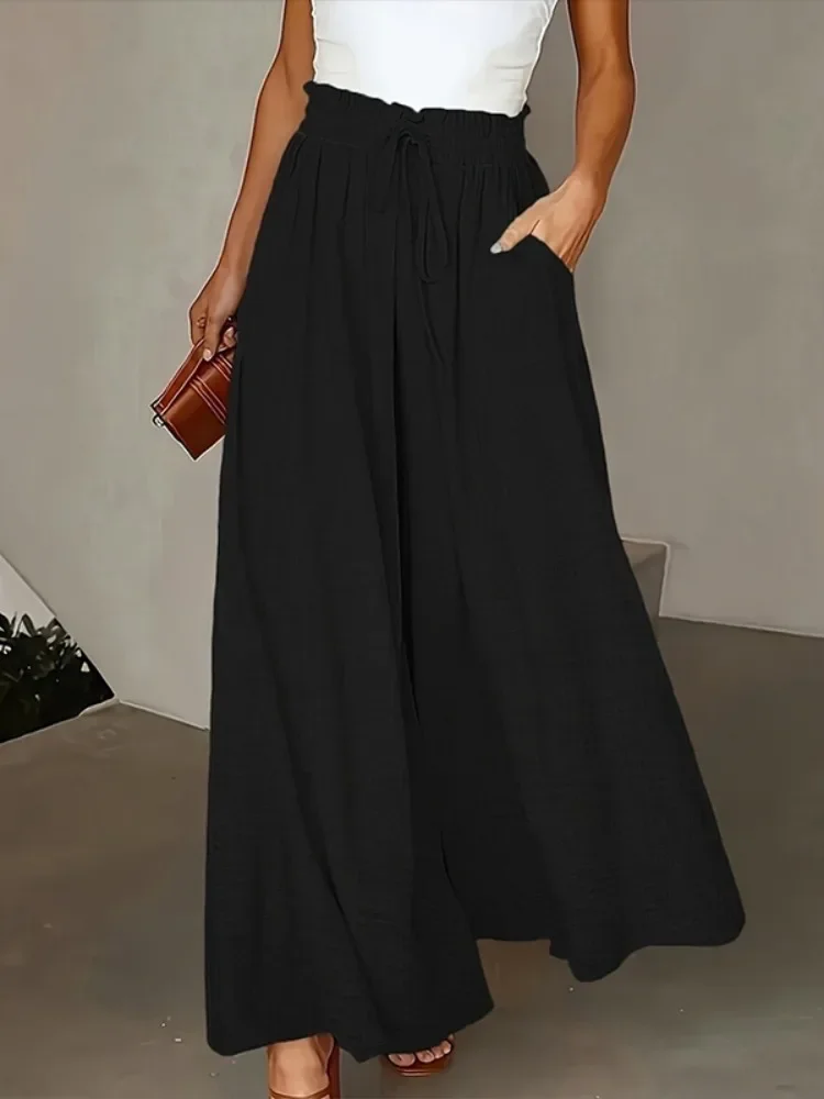 Lemongor Dames Hoge Taille Wijde Pijpen Trekkoord Broek Effen Kleur Losse Casual Broek Met Zakken 2023 Nieuwe Zomer Lente