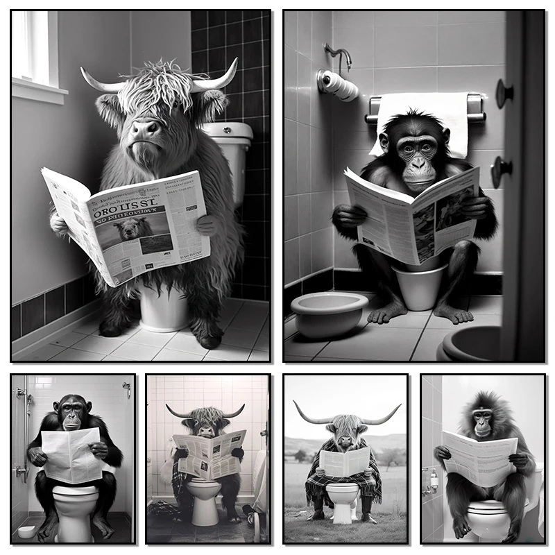 Funny Monkey Highland Cow Sitting on The Toilet Reading A Newspaper Poster Animal Canvas Painting And Print Bathroom Wall Decor