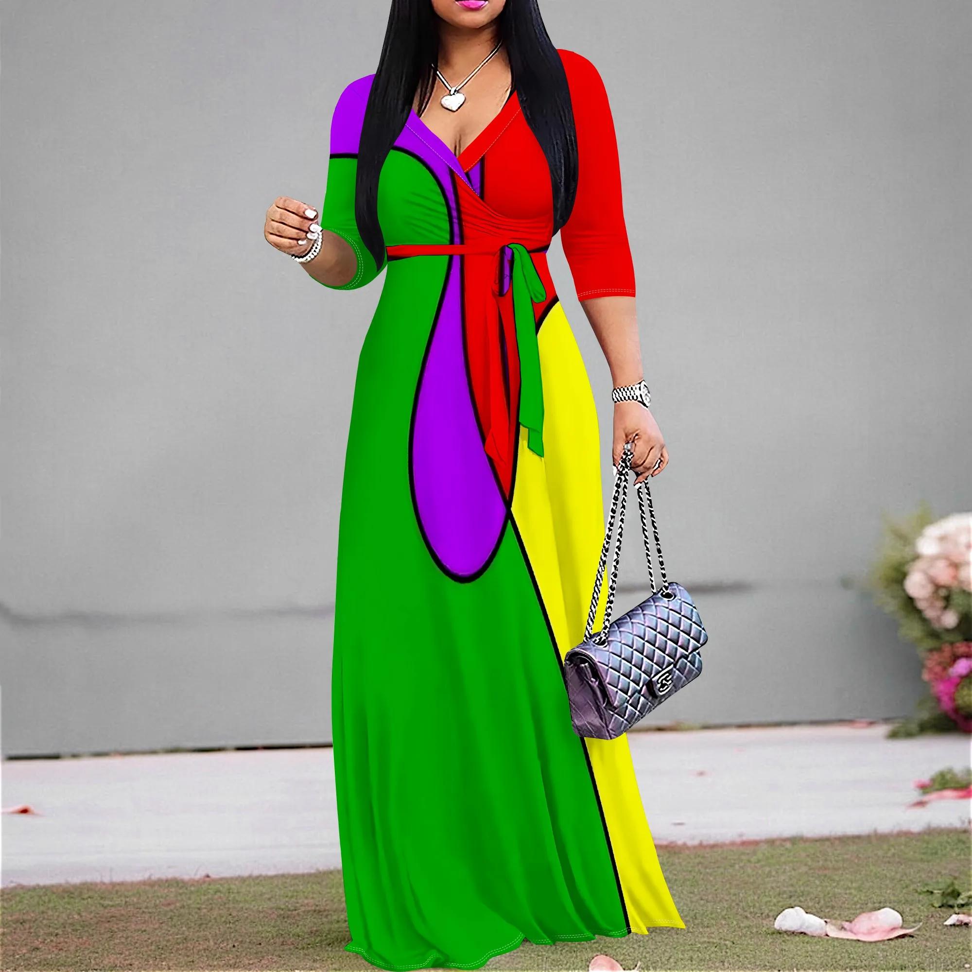 

Colorblock Art Print Maxi Dress S-3XL V-Neck Wrap Style with Tie Waist & Half Sleeves for Afro Streetwear, Festival or Church