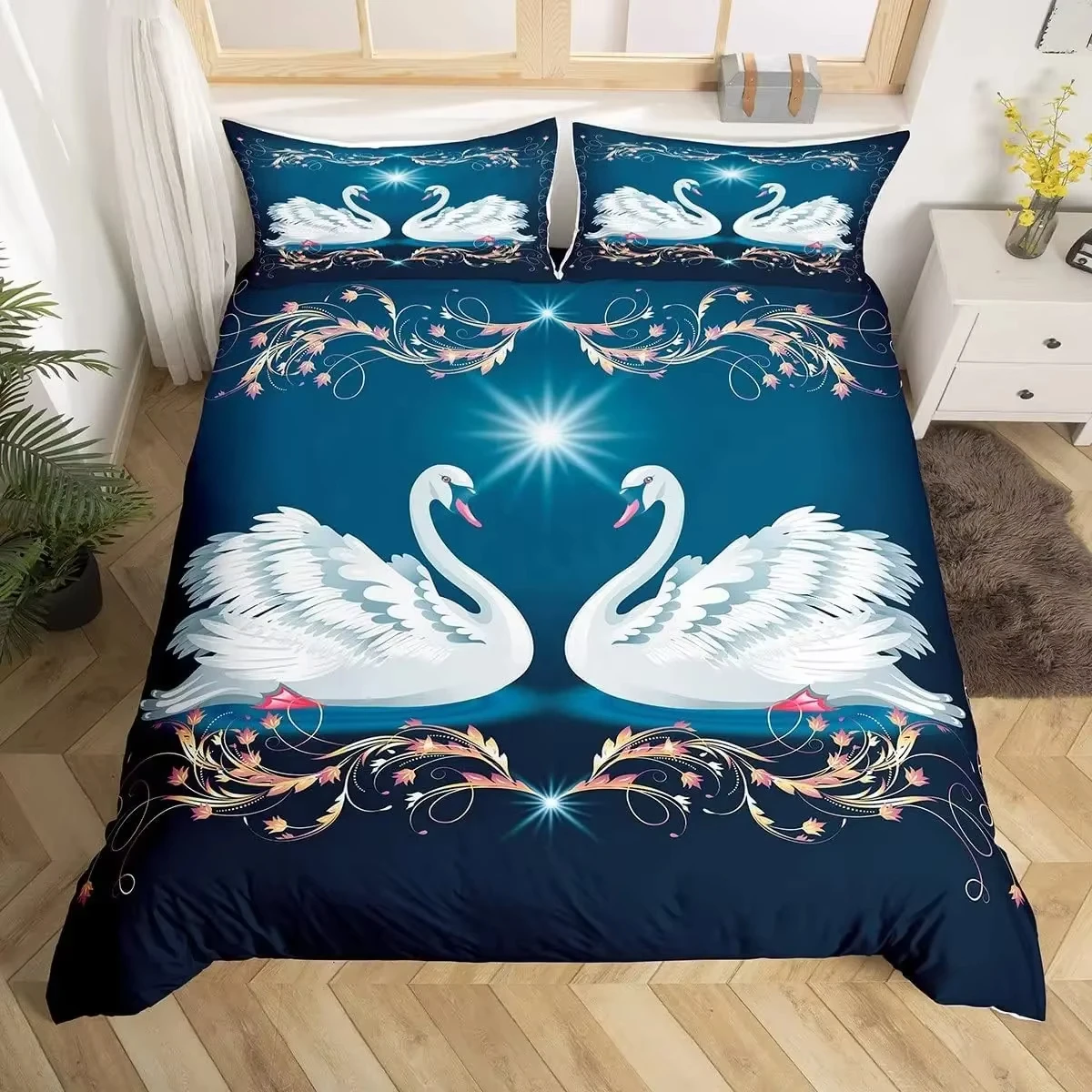 Swan Lake Bedding Set Butterfly Duvet Cover Twin Wild Animal Comforter Cover Couple Gift Romantic Valentine's Day Wedding Decor