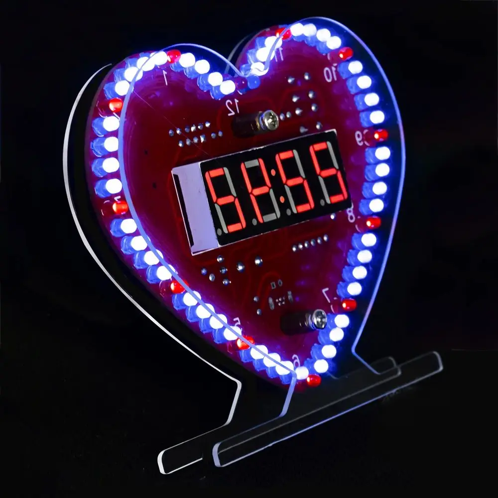 DIY Electronic Kit Multi-function Heart-Shaped LED Clock 4-digit Digital Tube Display PCB Soldering Practice Kit Micro USB DC 5V