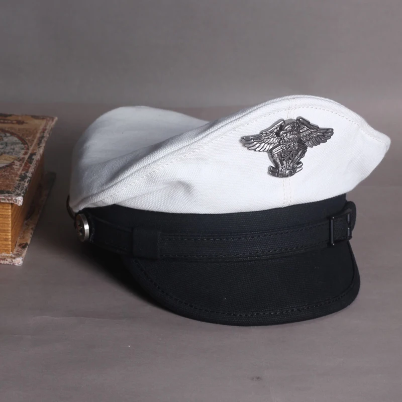 Cool Navy Peaked Sailor Cap Men Women Summer Beret Hat Male Canvas Grey Eagle Belt Locomotive German Captain Casquette