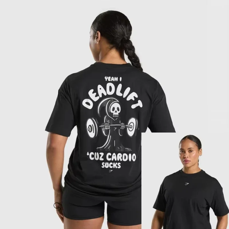 2025 الصيف المرأة الأمريكية العضلات الشارع اللياقة البدنية قصيرة الأكمام المرأة تي شيرت كريس التدريب قوة فضفاضة