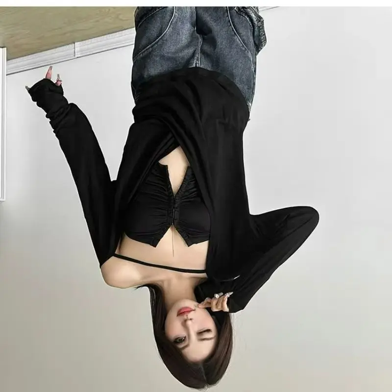 Spring Autumn Featuring Hollowed-out Cross Design That Slimmers Figure Two-piece Set Pleated Buttoned Strapless T-shirts  Women