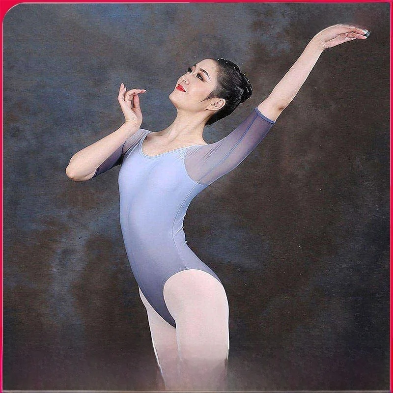 女性用バレエトレーニングスーツ半袖グラデーションベーストレーニングユニフォーム体操ユニフォームワンピーススーツ綿素材