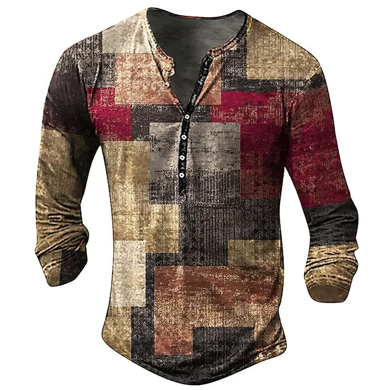 

Vintage T-shirt For Men Cotton Tee Patchwork Graphic T Shirts 3D Print Long Sleeve Tees Henley Shirt Oversized Men's Clothes Top