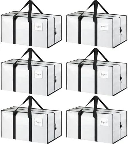 

6 Pack Heavy Duty Moving Bags with Zipper & Handles - Durable Clothes Storage Totes for College, Home, Travel