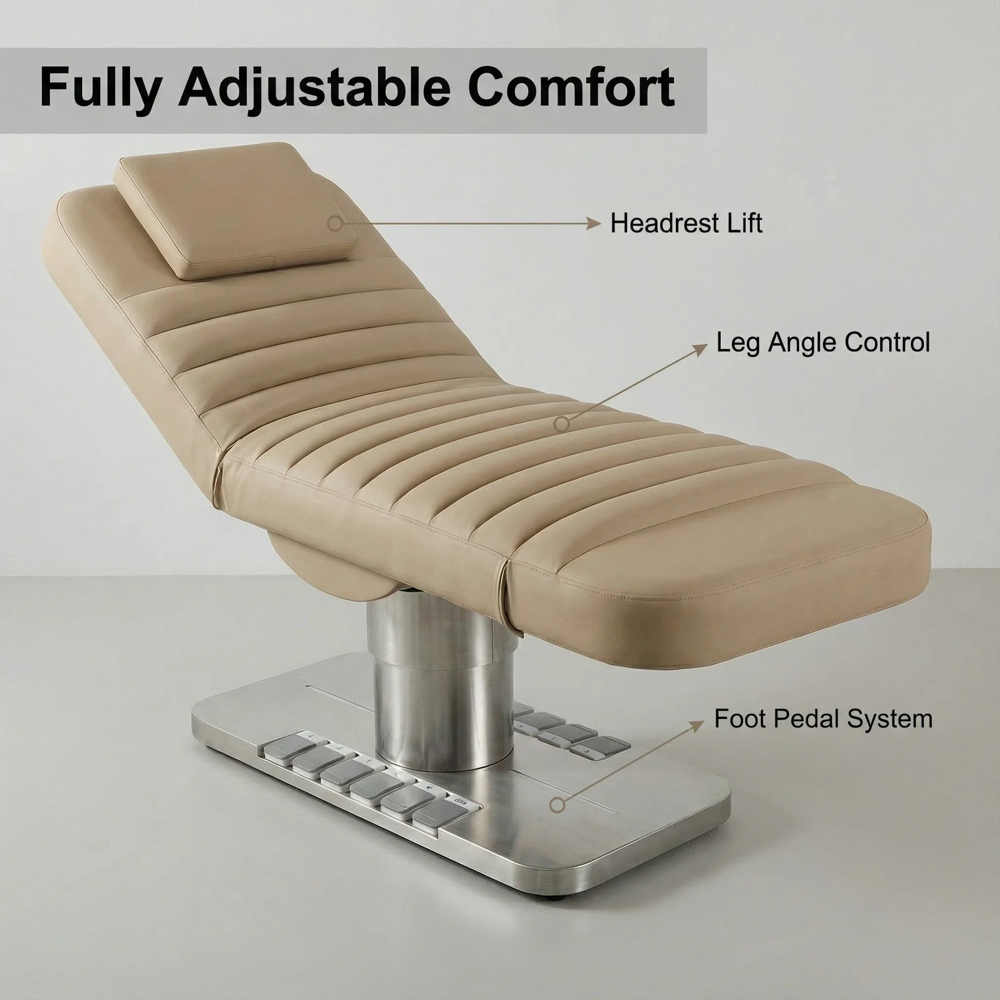 Keyunshi Beige Fully Adjustable Massage Bed, Professional Spa Bed with Headrest Lift, Leg Angle Control & Foot Pedal System for