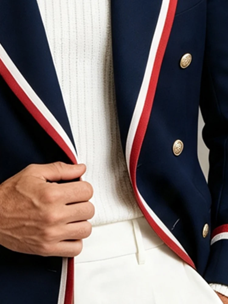 Men's Business Casual Blazer Navy Double Breasted Notched Lapel Red White Contrast Slim Fit Formal Office Party Suit Jacket