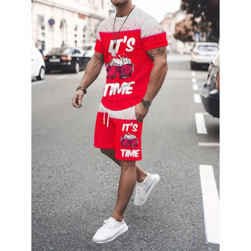 2025 Personalized 3D Printed Round Neck Short sleeved T-shirt and Shorts Set for Summer Men's Daily Leisure Sports Street Travel