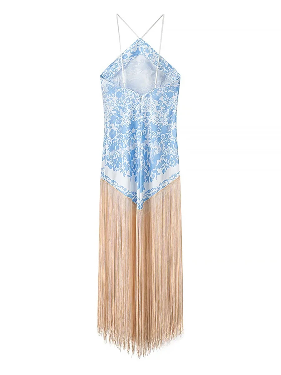 TWOTWINSTYLE Abiti con stampa floreale retrò francese per le donne Abito longuette con scollo all'americana senza maniche a vita alta con nappa impiombata