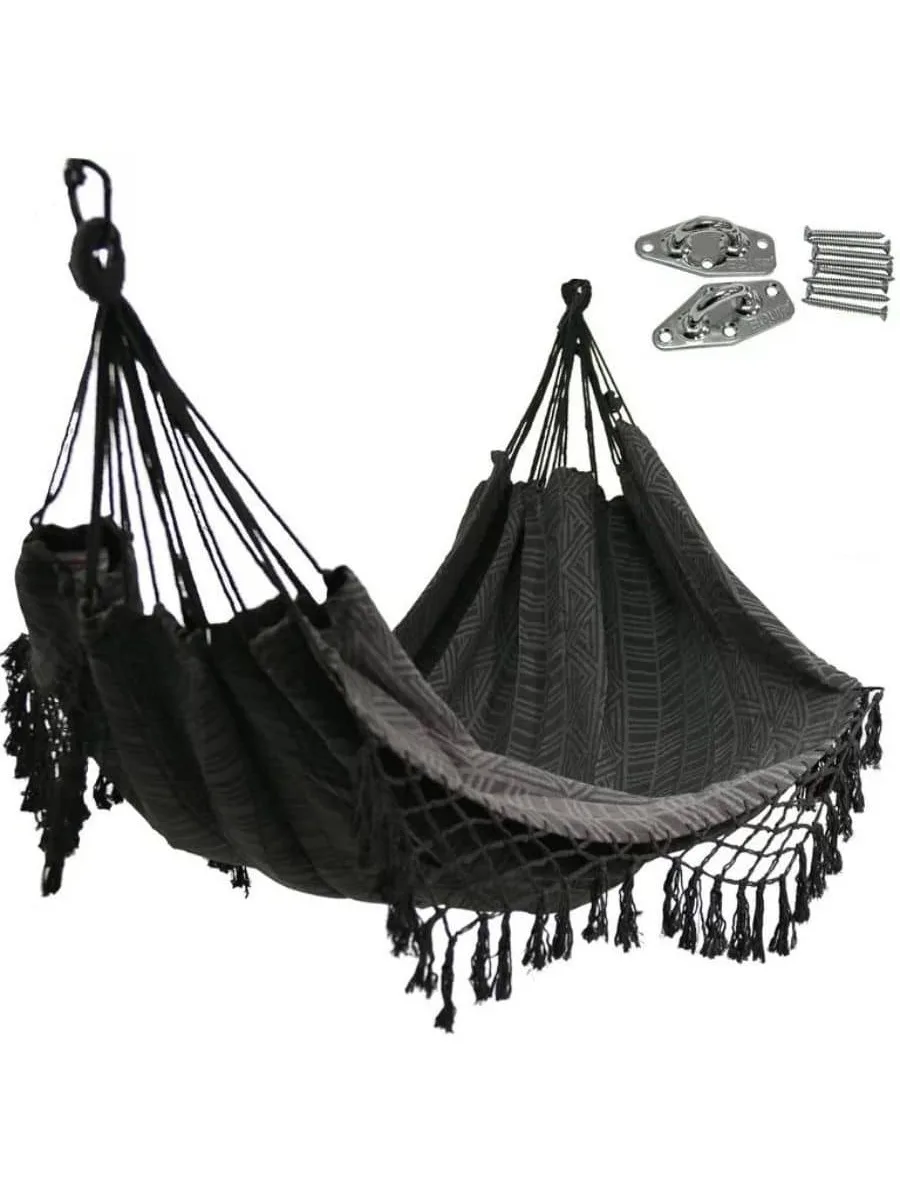 

Black Polyester Jacquard Macramé Hammock with Indoor Hanging Kit Bundle, Open Size 81" L x 59" W