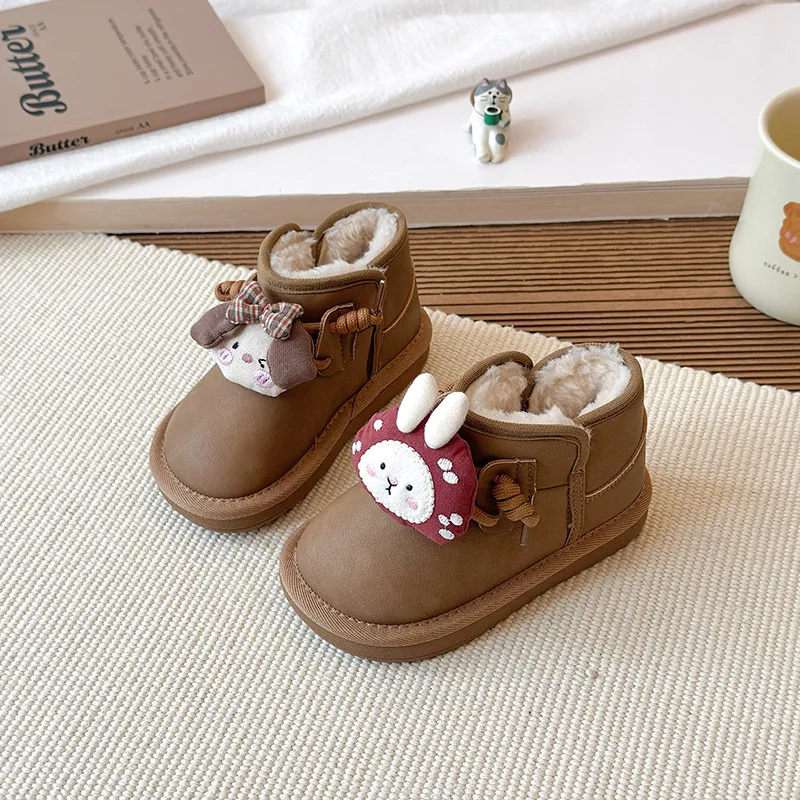 

Children Ankle Boots with Warm Thick Fur Kids Short Boots Round Toes 2025 Winter New Cute Girls Snow Boots Soft Bottom Non-slip