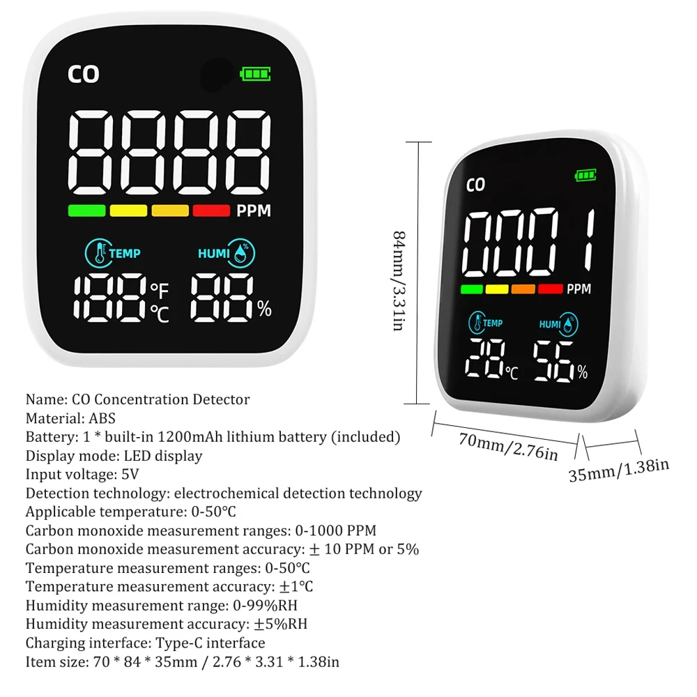 Digital LED CO Detector Carbon Monoxide Tester Temperature and Humidity Test Meter Electrochemical CO Sensor Air Quality Tester