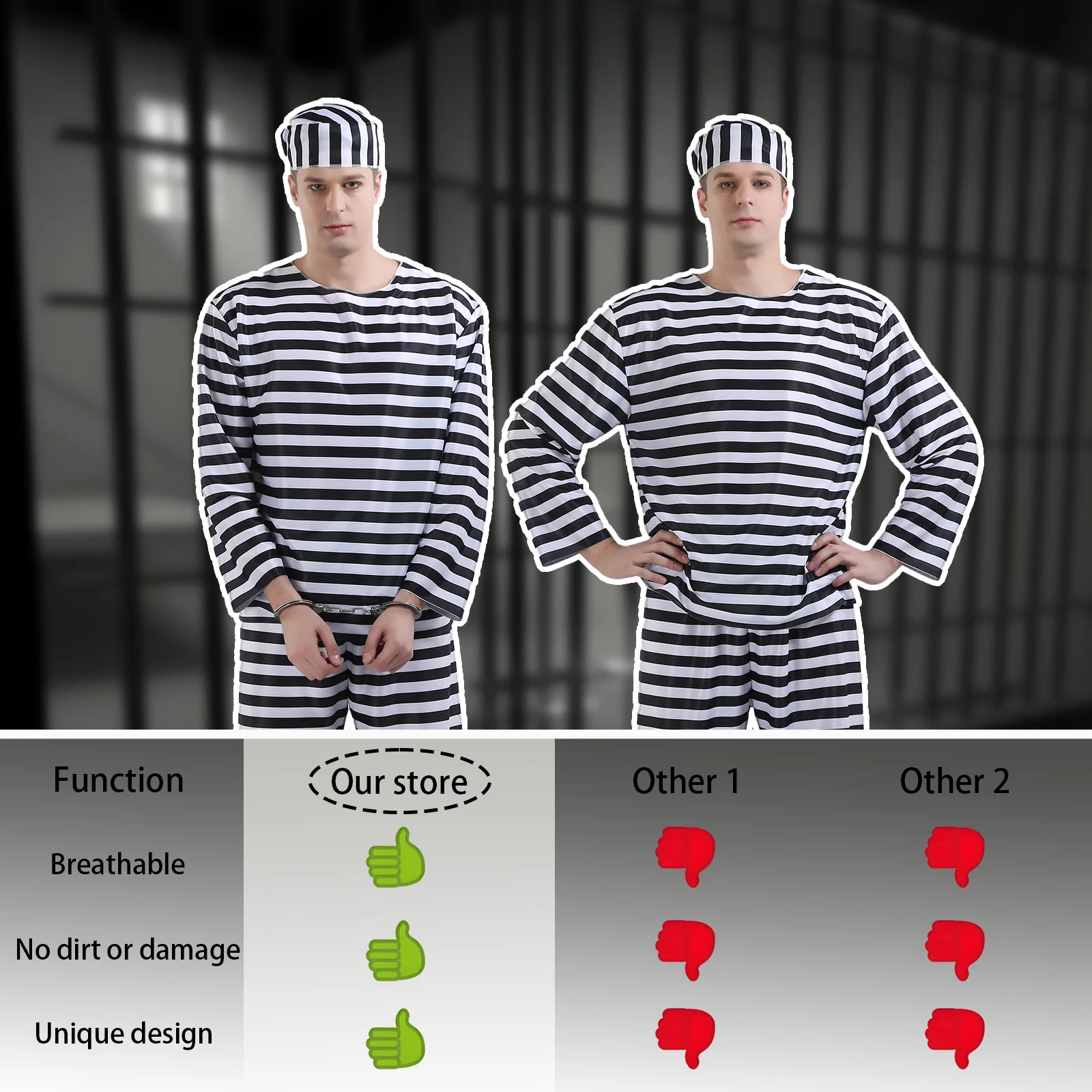 طقم مكون من ثلاث قطع للسجينات البالغين، قميص مخطط أبيض وأسود بأكمام طويلة، طقم بنطلون وقبعة، زي لعب الأدوار للحفلات #5