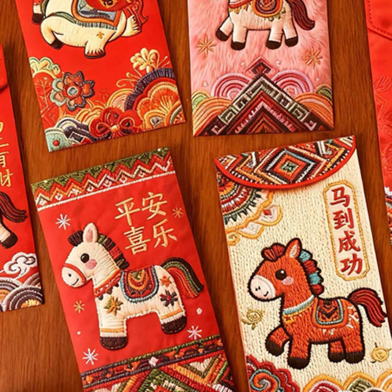 

6 шт. Новогодние красные конверты (Хунбао) на Год Лошади, китайский фестиваль Весны, карманные конверты для денег на удачу, украшения к Новому году 2026