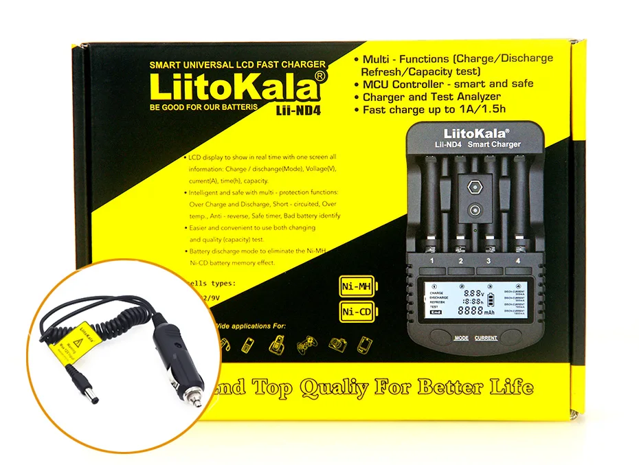 LiitoKala Lii-ND4 NiMH/Cd charger aa aaa charger LCD Display and Test battery capacity For 1.2V aa aaa and 9V batteries.
