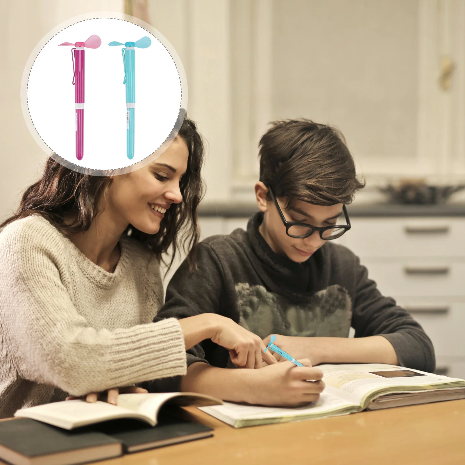 

2Pcs Mini Fan Pen Multifunction Ballpoint Writing Pen Portable Study Supplies Fan Pens for Student School Office Use