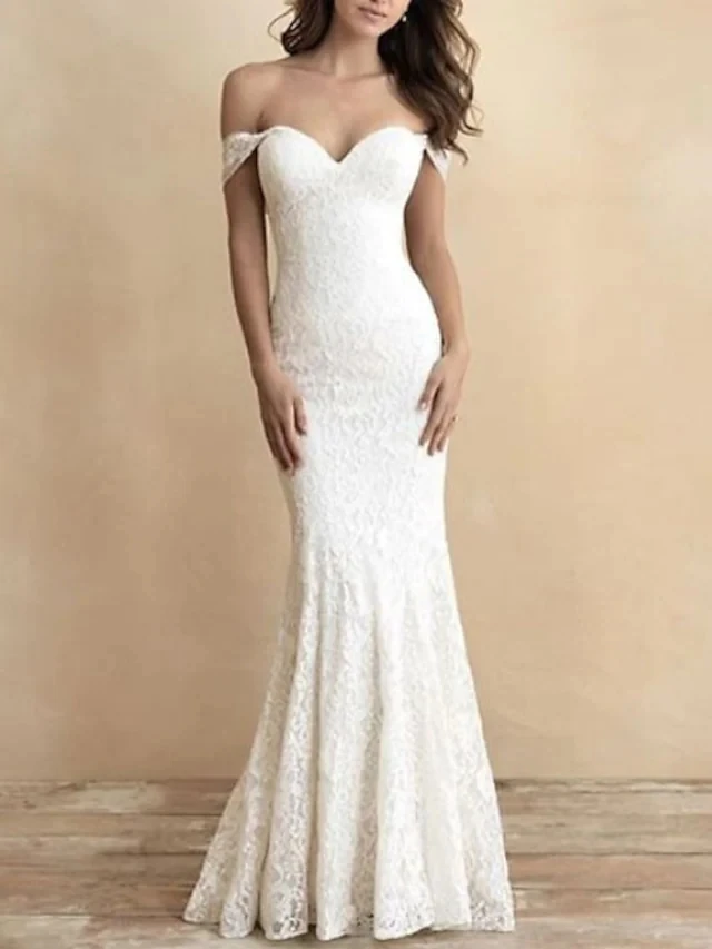 Mermaid Long Wedding Dresses Off Shoulder Sweep / Brush Train Lace Short Sleeve Romantic Plus Bridal Gowns