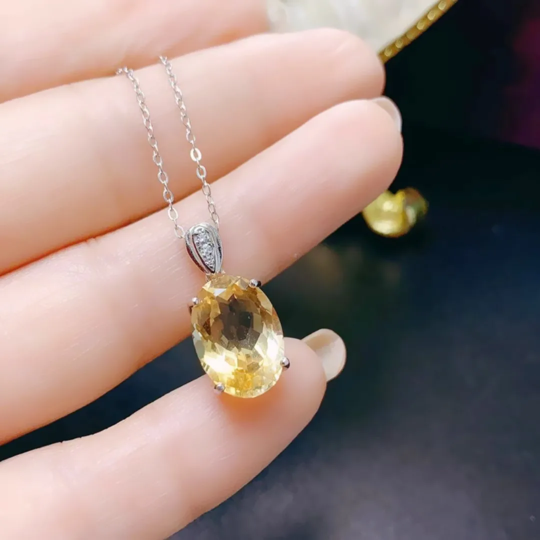 Natural Real Citrine Oval Big Necklace Pendant 10*14mm Gemstone 925 Sterling Silver Fine Jewelry