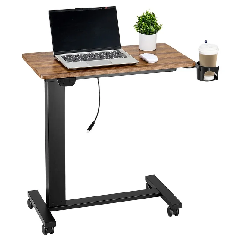 

Electric Height-Adjustable Overbed Table with 4 Wheels, Mobile Laptop Desk featuring Cup Holder, Wood and Black Finish for Home Office Study