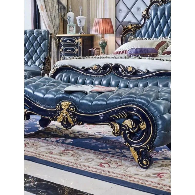 European Solid Wood Leather Carved Bed Stool Shoe Bench Sofa Ottoman Recliner Footrest Bedside Storage Seat