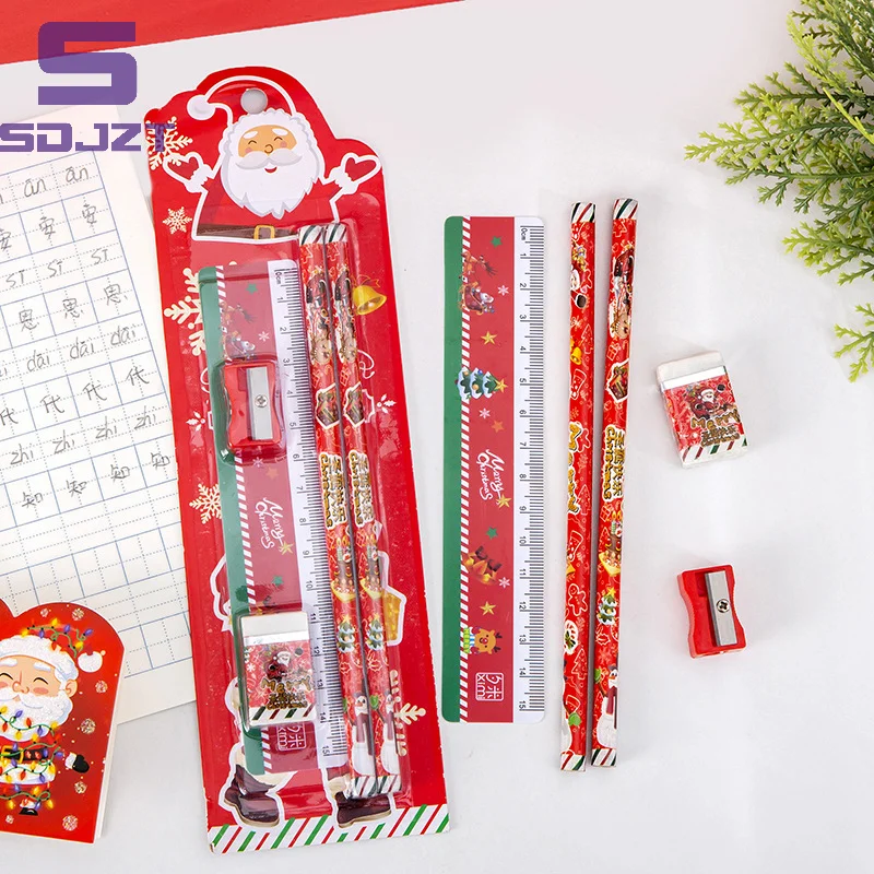 5Pcs/set Cute Christmas Stationery Set Santa Claus Pencil Ruler Pencil Sharpener Eraser School Supplies Children Prizes Gift