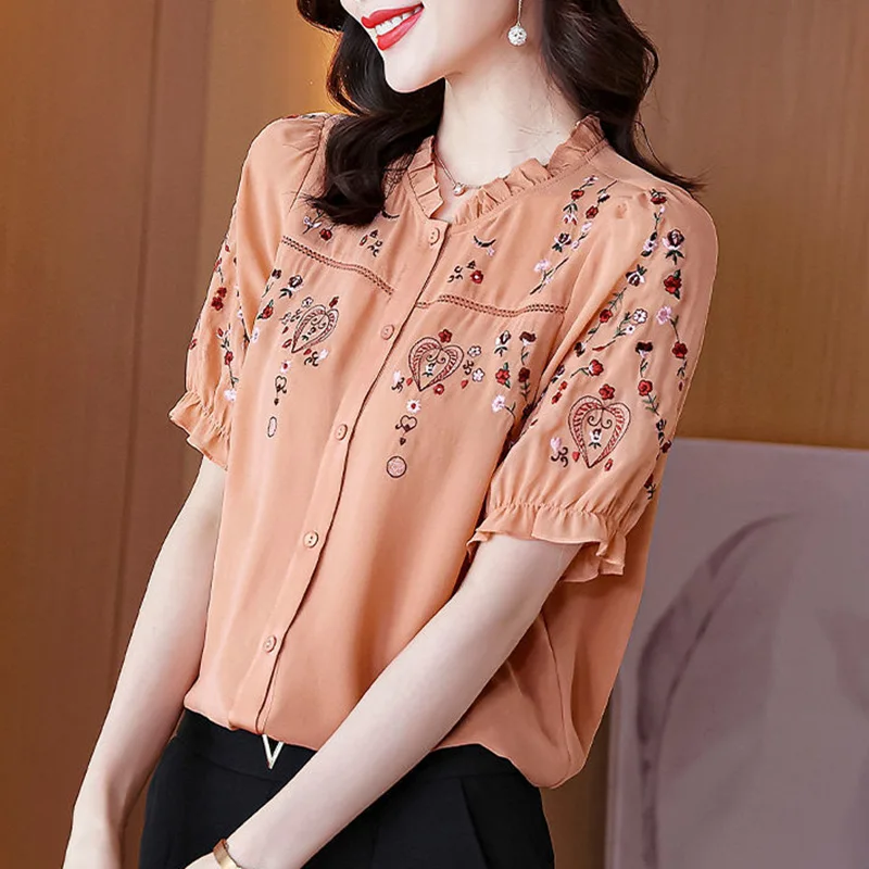 

Elegant Ruffles Button Spliced Folds Embroidery Floral Shirt Women Clothing 2023 Summer New Casual Tops Loose Office Lady Blouse