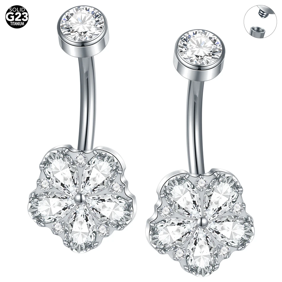 1/5PCS Titanium PIERC Flower Belly Button Rings Navel Ring CZ Paved Top Threaded Belly Piercing Belly Button Ring Sexy Jewelry