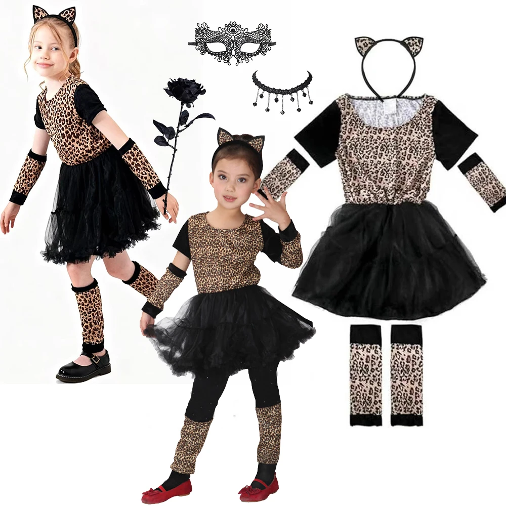 Funny Cute Cartoon Cat Animal Cosplay Girls Tigers Leopards Print Dress Birthday Costume for Girl Halloween Carnival Outfit